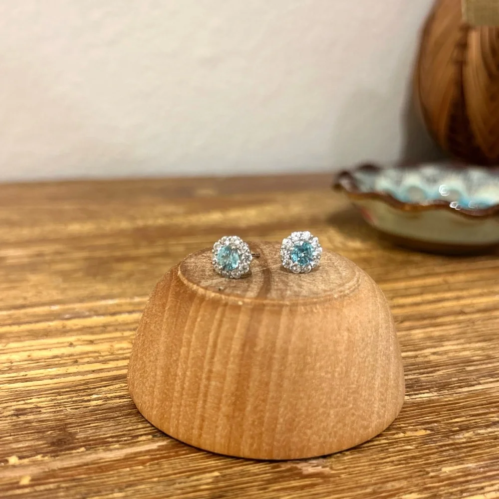 Genuine Blue Topaz White Topaz Halo Stud Post Earrings 925 Sterling Silver